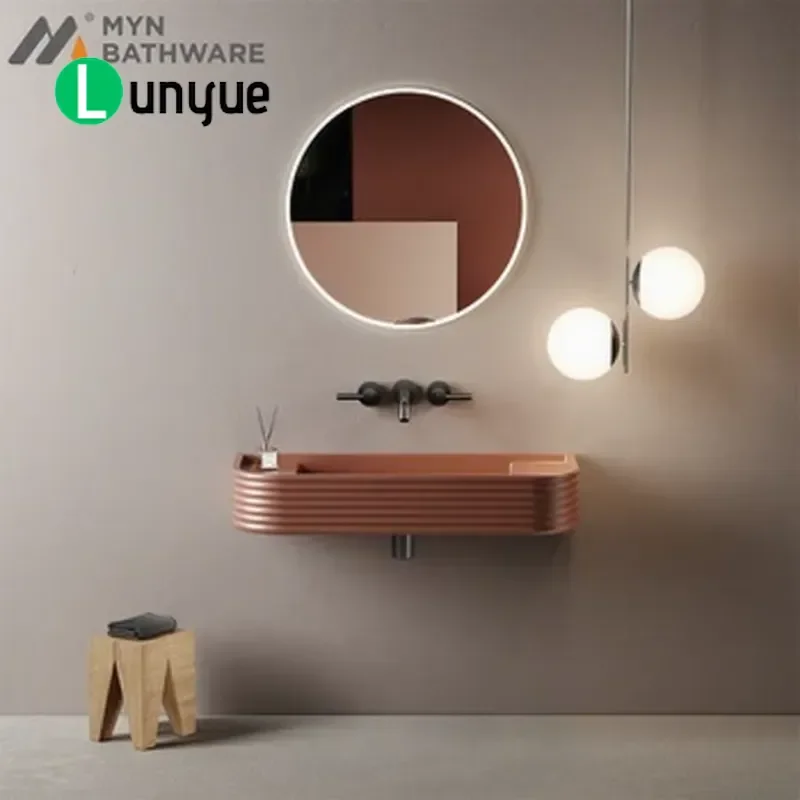 Lavatório de bancada com design artístico em cimento e concreto, montado na parede, em vermelho e branco, para banheiro, decoração moderna para casa