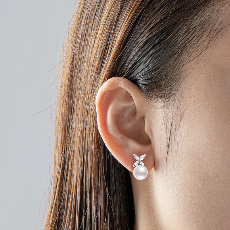 Real 925 Sterling Silver 9mm Natural Freshwater Bread Pearl Drop Stud Earrings for Women Four-leaf Clover Cubic Zirconia Earring