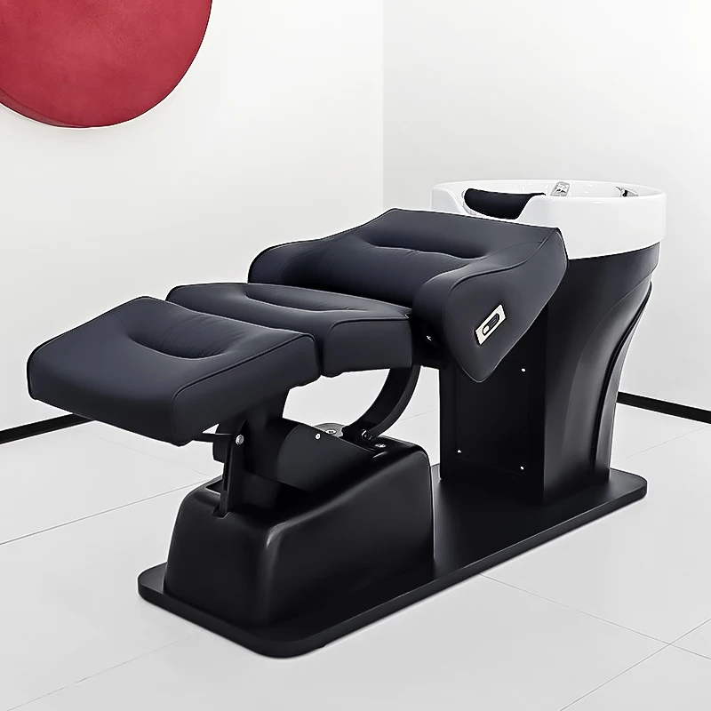 &c Fashion High-End Modern Salon Automatic Lifting Shampoo Bed with Ceramic Basin Leather Semi-Reclining Design for Barbershops