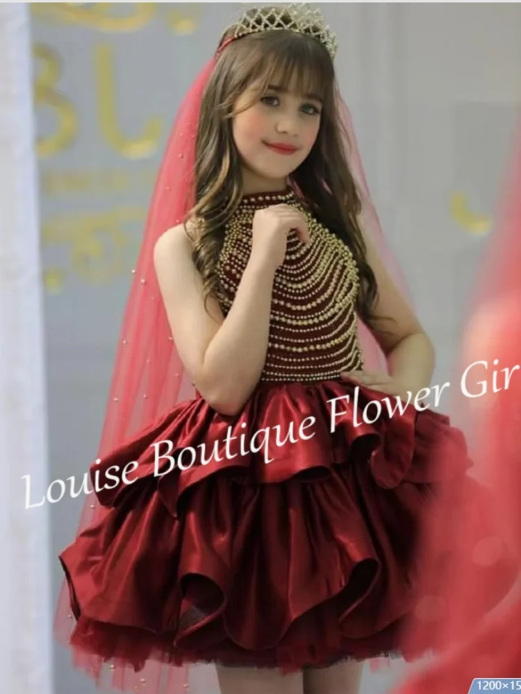 Vestido de niña de flores personalizado con cuentas, cuello alto, perlas brillantes, falda esponjosa, minivestido de fiesta de boda, vestido de fiesta de princesa para dama de honor