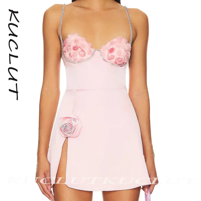

KUCLUT 2025 New Fashion Women's Split Design Strap Dresses Flower Decoration Evening Party Solid Color Dress Female Trendy