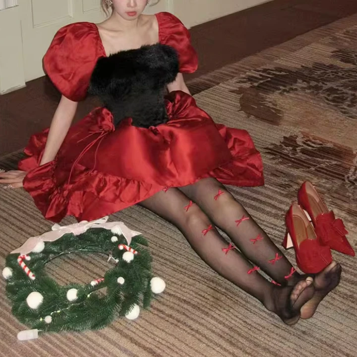

Christmas Tights Socks Black Silk Bodystockings Red More-bowknot Decoration Pantyhose Sexy Transparent Stockings New Strumpfhose