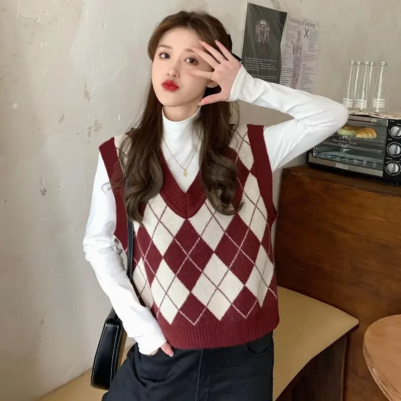 Rompi Sweater wanita, Argyle Harajuku High Street ramping tanpa lengan Tender Fashion rajut Jepang leher V sekolah gadis Retro