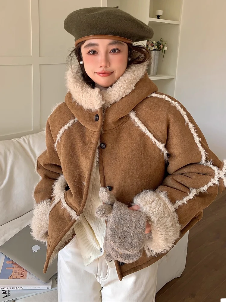 DEAT Fashion Women's Lamb Wool Jackets Hooded PU Leather Drawstring Fur Intergrated Thick Warm Coat Winter 2024 New 7AB6326