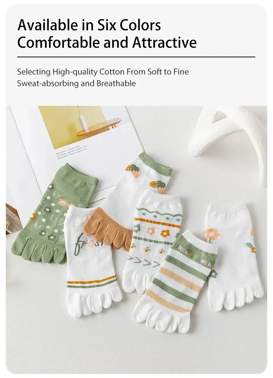 6 Paare/los Kawaii Nette Fünf Finger Socken Frauen Sommer Dünne Söckchen mit Separaten Finger Baumwolle Floral Grün Zehen Socken – Detail 3