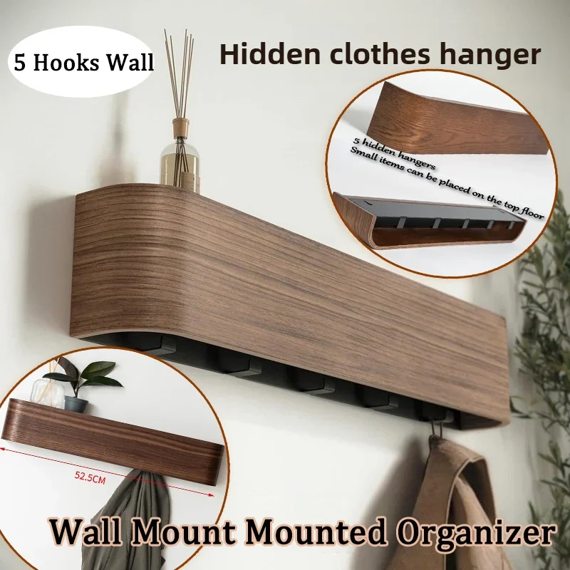 Wood Coat Rack Wall Mount Modern Door-Mounted Organizer with 5 Hooks Wall Shelf for Bedroom/Hallway Hidden Clothes Hanger Racks