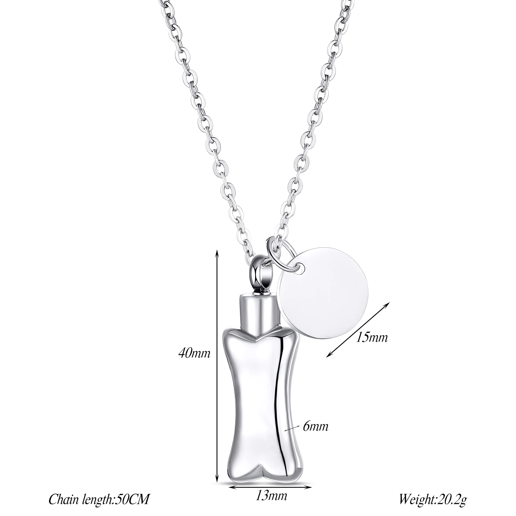 Bone Shaped Urn Necklace for Ashes with Round Pendant Customized Name Date Text Keepsake Cremation Stainless Steel Jewelry