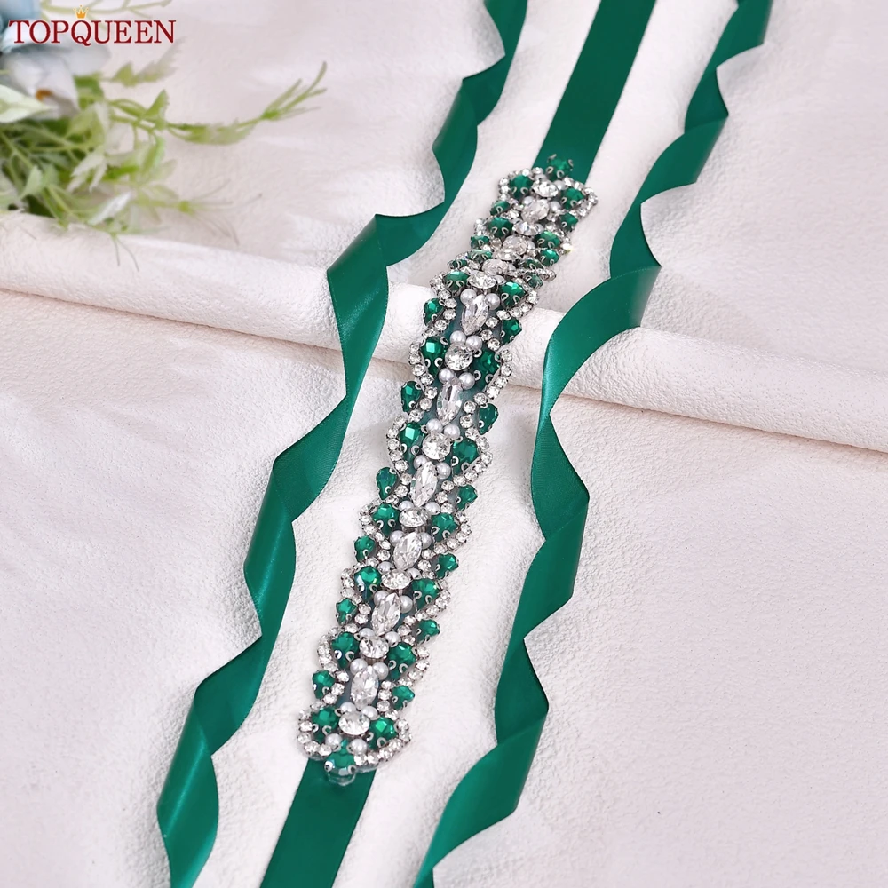 TOPQUEEN Luxury New Bridal Belt Wedding Supplies Dinner Dress Waist Decoration Green Bridesmaid Sash Accessories S466-D