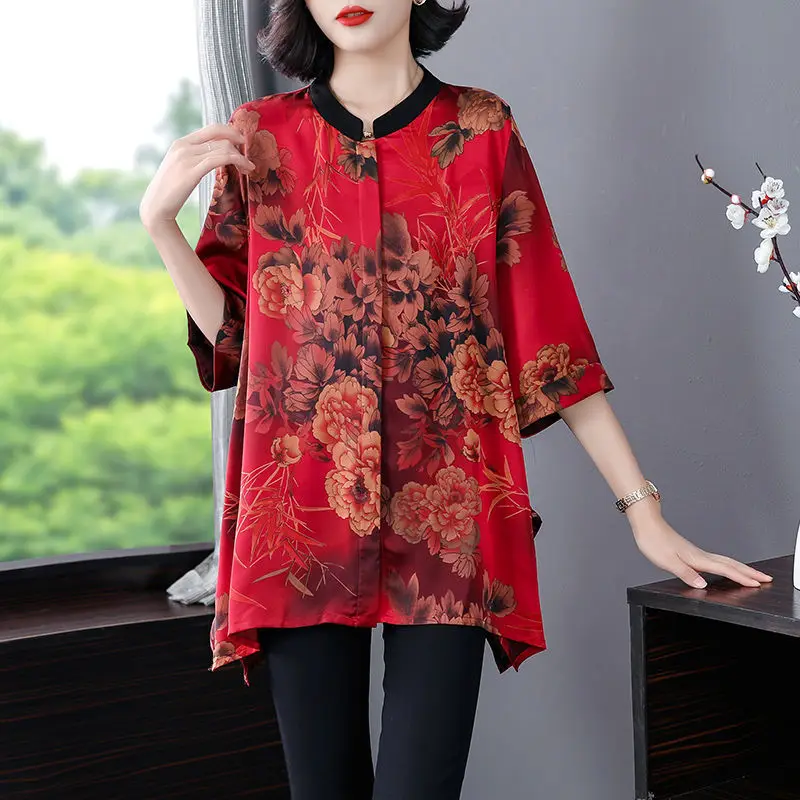 2023 Summer Fashion Atmosphere Chinoiserie Stand Collar Peony Print Loose Casual Oversize Temperament High-end Middle-aged Shirt