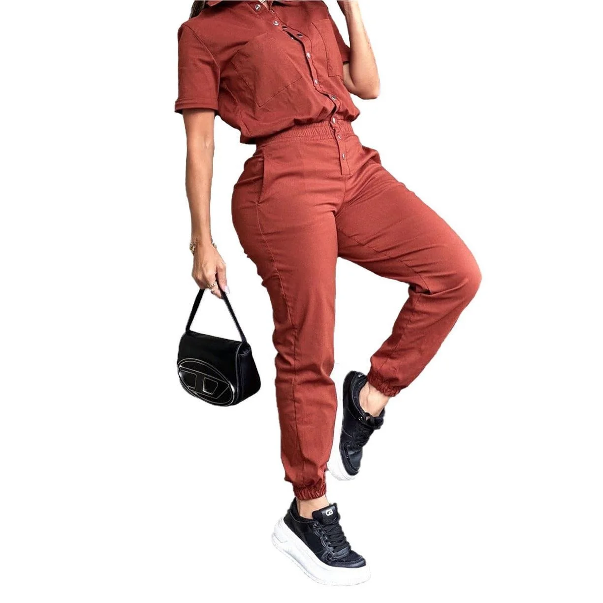 

Elastic Waist Button Jumpsuit Casual Faion Ladies Trousers One-Piece Suit Low Waist Long Pants Comfortable Women's Clothing