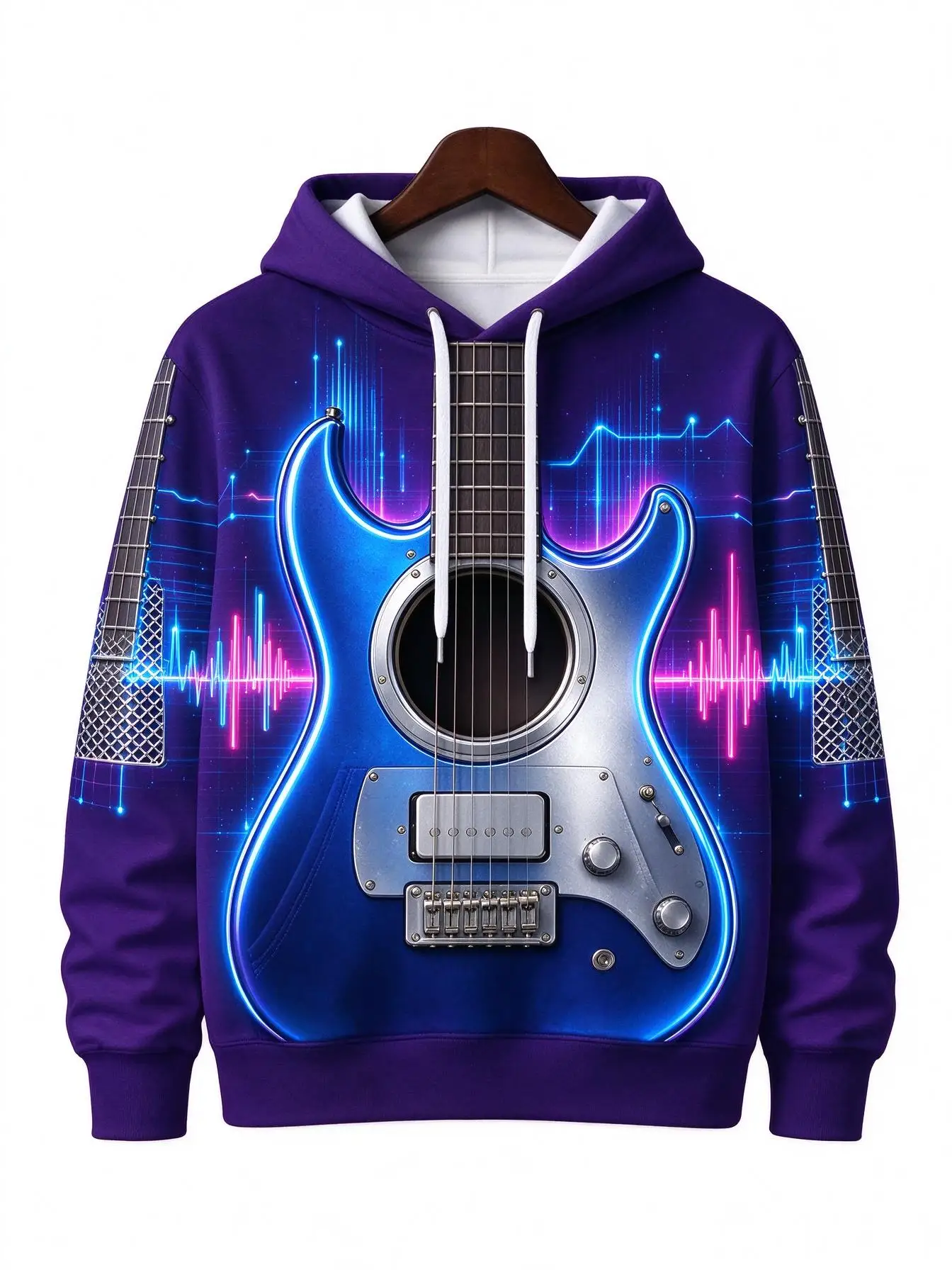 Men's Hoodie Color Splash Torn Paper Guitar Audio Wave Graphic Thin Hooded Sweatshirt Loose Fashion Autumn Winter Men‘s Clothes