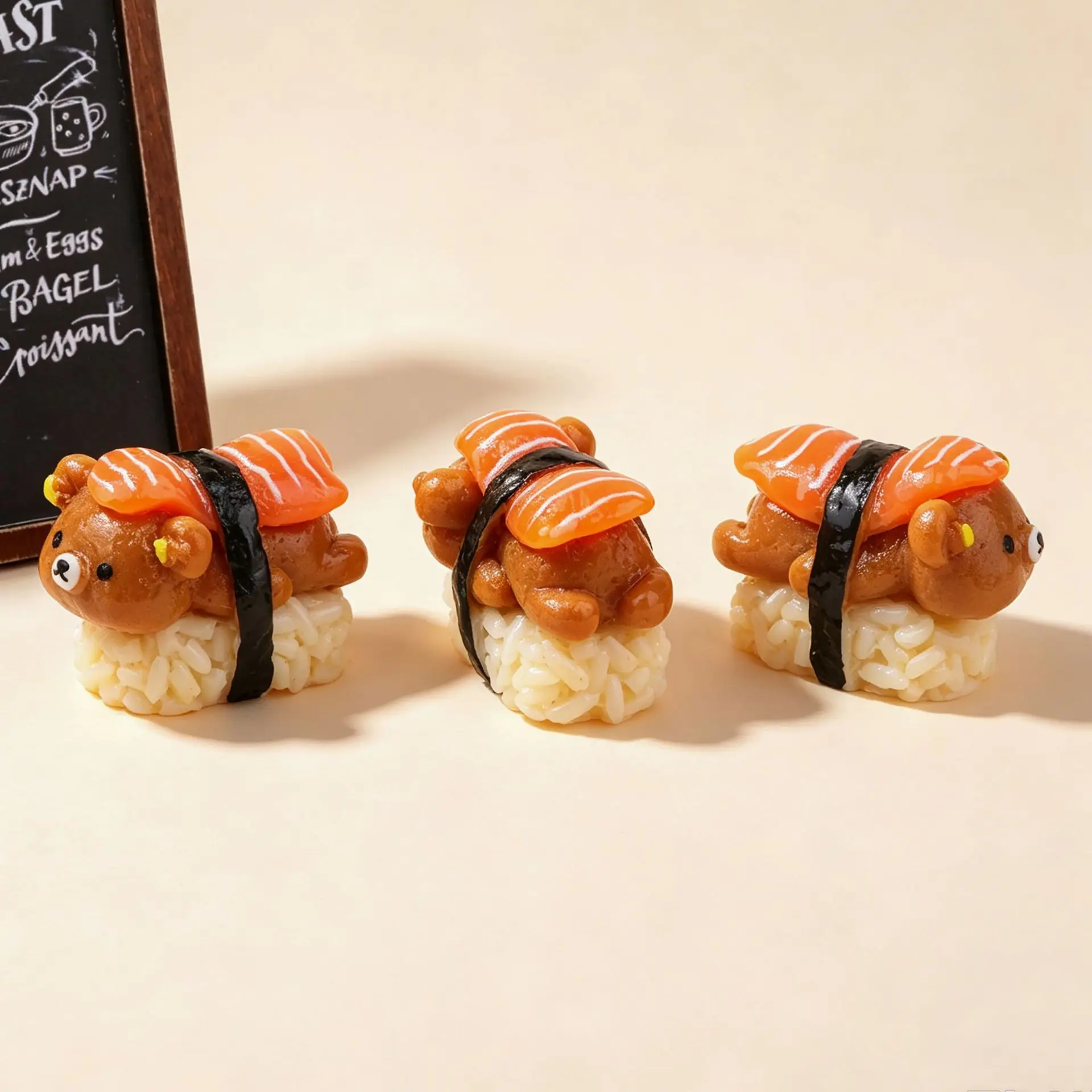3pcs Mini Bear Salmon Sushi Hand Roll Rice Ball Japanese Food Model Resin Miniature Accessory DIY Scene Prop Desktop Decoration