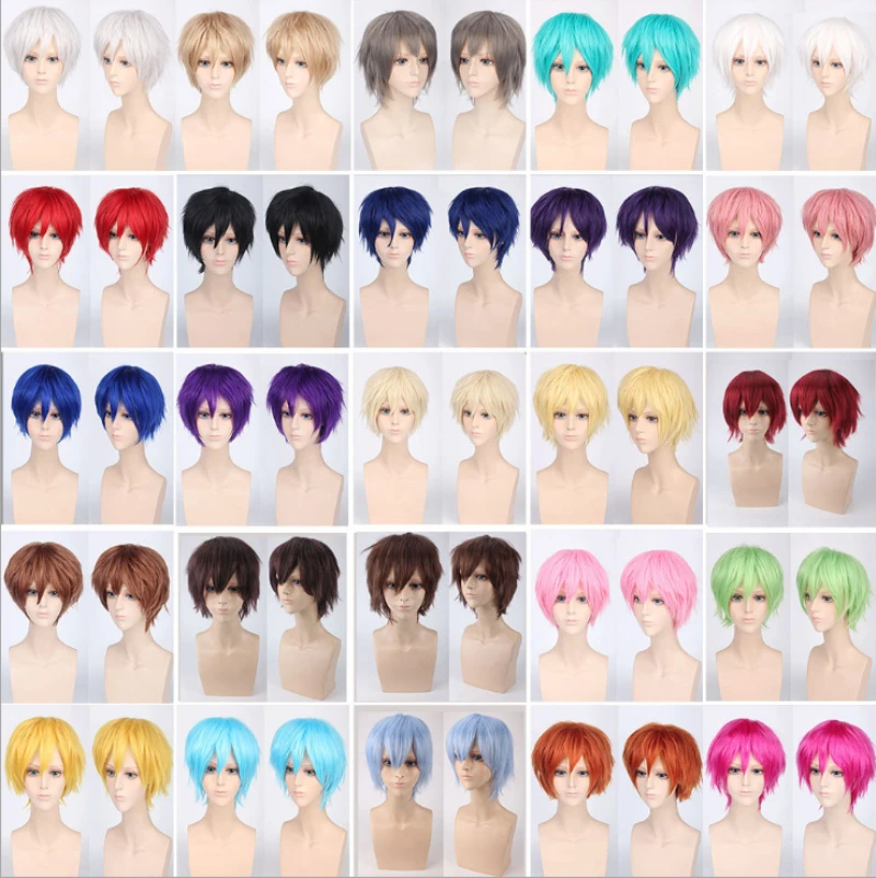 Herren-Perücke, synthetisch, kurz, flauschig, rot, silberfarben, grau, hellgolden, gelb, grün, rosa, lila, orange, weiß, universelle Cosplay-Perücke mit Pony