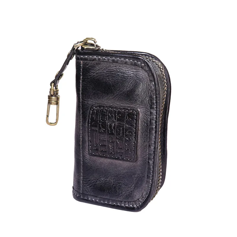 Tas Kunci Kulit Sapi Lapisan Atas Tanpa Pewarna Buatan Tangan, Tas Penyimpanan Resleting Kapasitas Besar Bermotif, Tas Kartu Kunci Mobil Sederhana