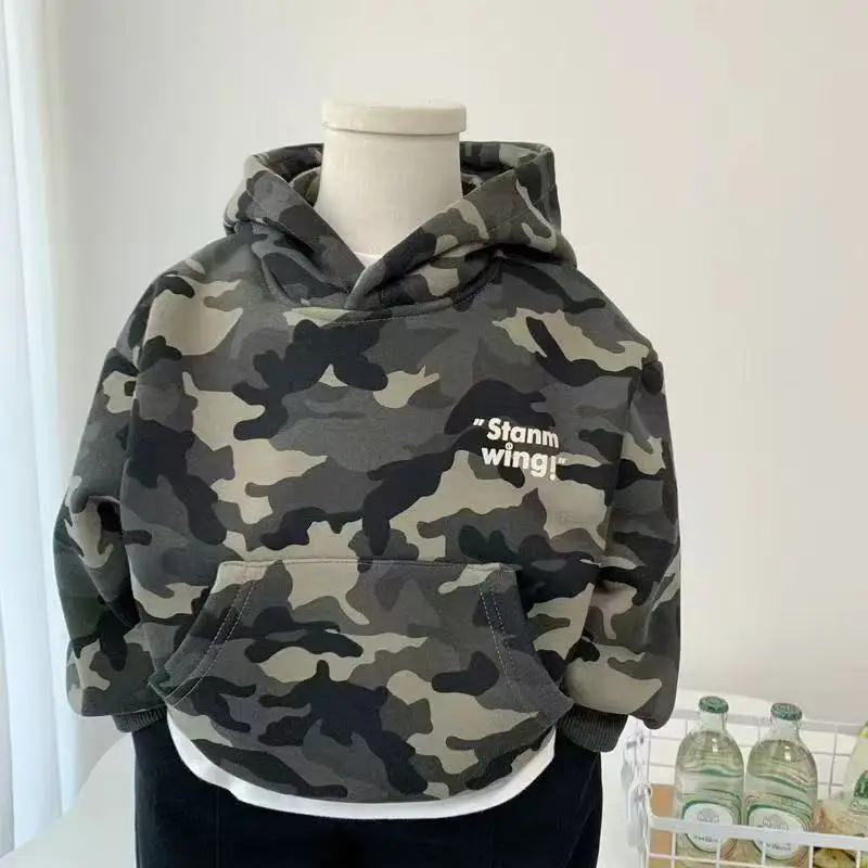 

Autumn and Winter New Children's Velvet Hoodie Fashion Boys Camouflage Handsome Thick Top Casual Cotton Pullover Jacket 90-140CM