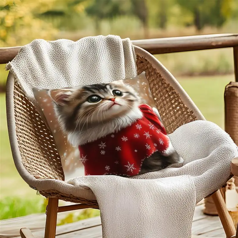 1pcs Christmas Cat Pillowcase Square Bedroom Cushion Covers Zipper Chair Living Soft Comfortable Decor 45x45cm ﻿