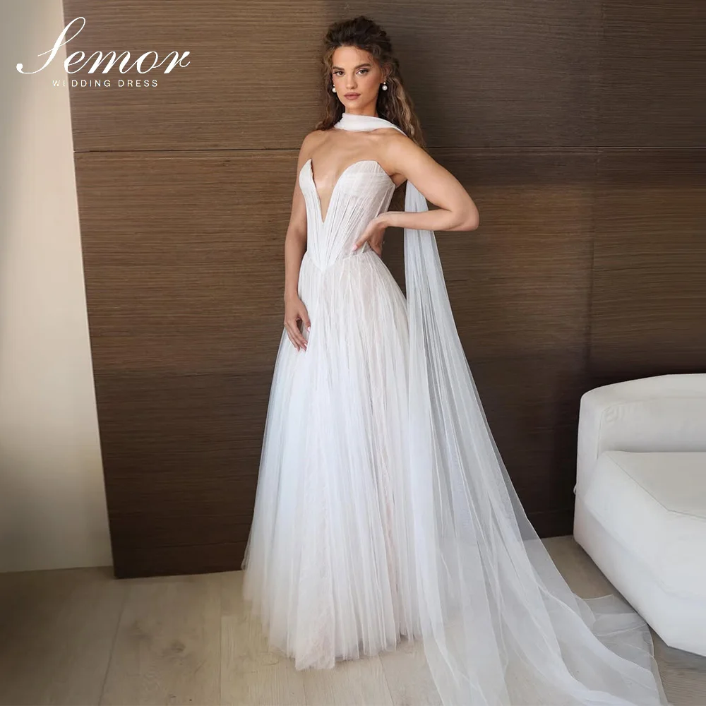 Semor Elegant Tulle Wedding Dresses For Woman V-Neck Sleeveless Bridal Gown with Scarf 2026 A-line vestido de novia Customized