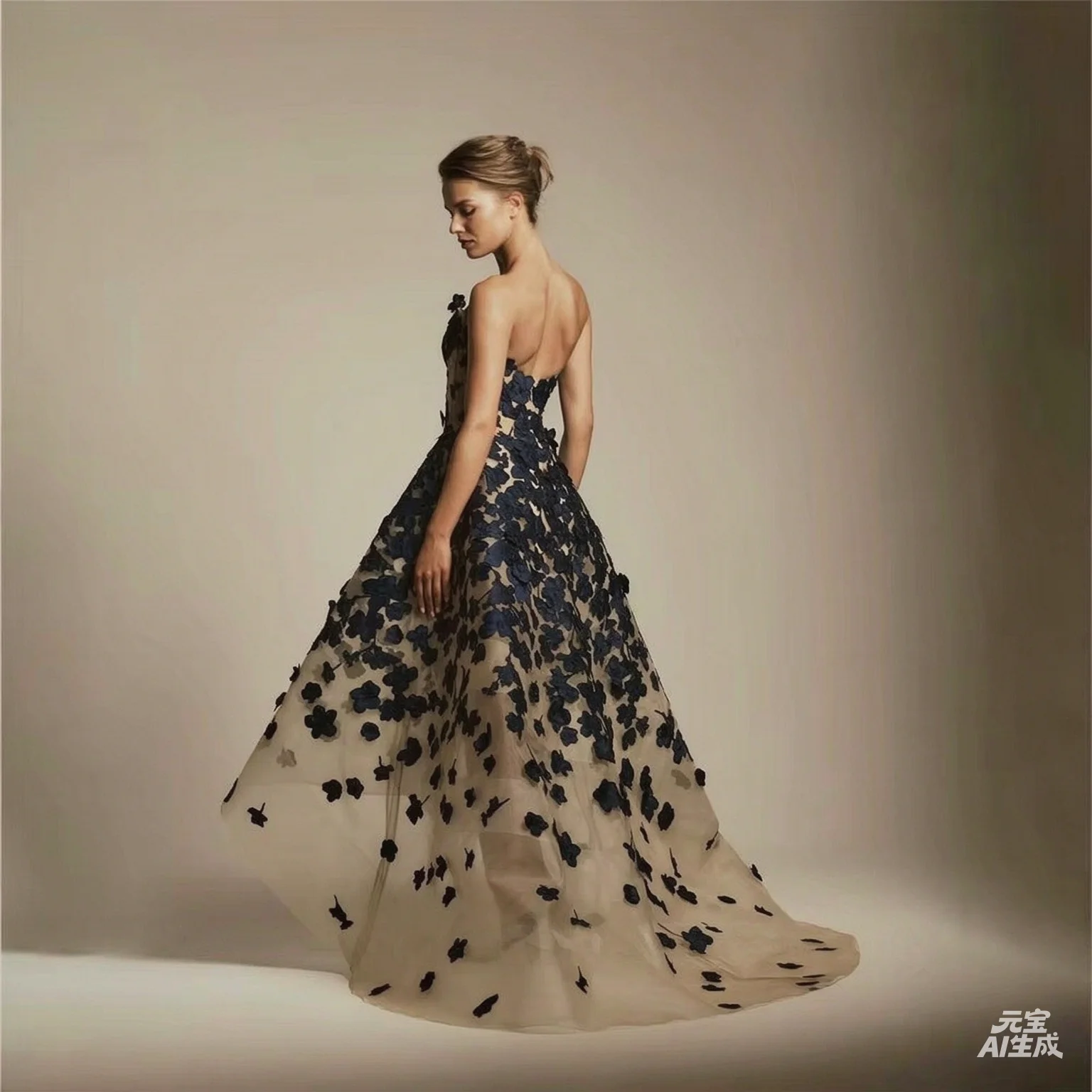 Champagne and Navy Blue Evening Gown Strapless Prom Dress with 3D Floral Wedding Evening Dress Robes De Soirée Customized2026
