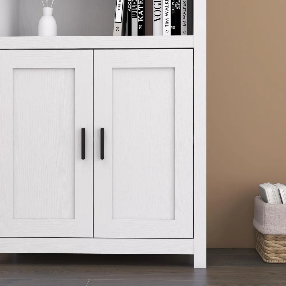 خزانة كتب بانانا بأبواب، 5 أرفف عرض قائمة بذاتها مع منظم تخزين الخزانة وأثاث المكاتب المنزلية (أبيض)