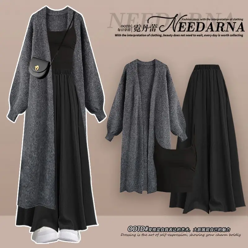 Jesienno-zimowy nowy koreański długi płaszcz dzianinowy, czarny top na ramiączkach + spodnie casualowe, elegancki damski zestaw 3-częściowy