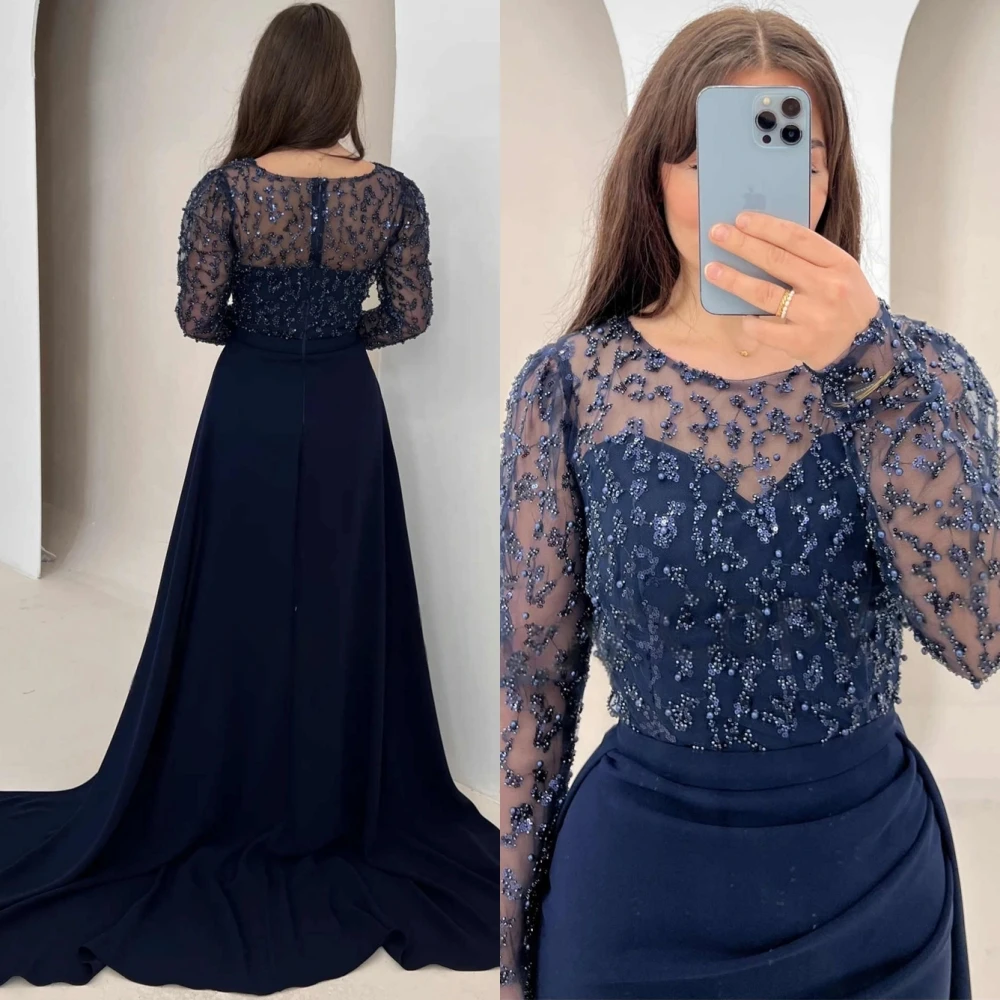 Customized Simple Jersey O-Neck Evening Dress Classic Long Sleeves Homecoming Dresses Delicate Beading Bespoke Occasion Gowns