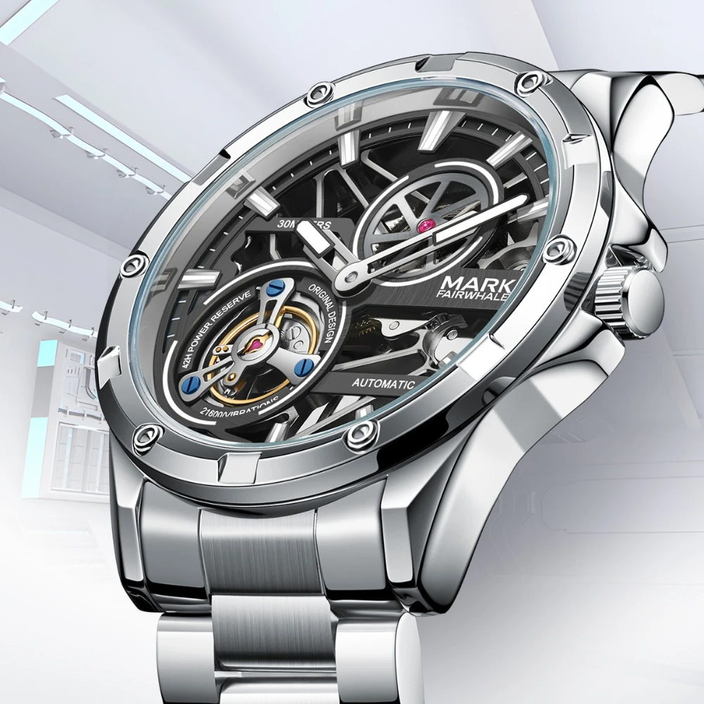 Mark Fairwhale 6013 Men's Automatic Movement Watch Luminous Hollowed out Mechanical Waterproof Relogio for Men