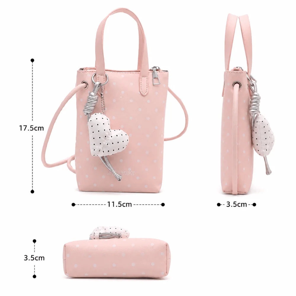 Casual Y2K Mini Phone Bag Polka Dot Heart Pendant Small Square Bag PU Leather Shoulder Bag - view 6