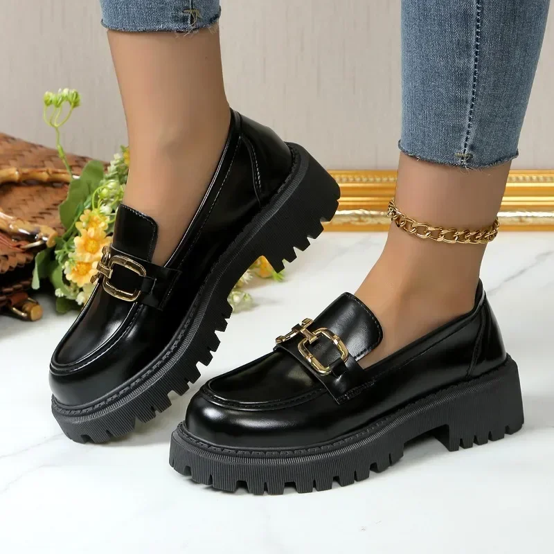 2024 Female Shoes Women Fashion Mary Janes Round Toe Flats Loafers Oxfords Platform Casual Metal Chain Buckle Ladies Heels Black