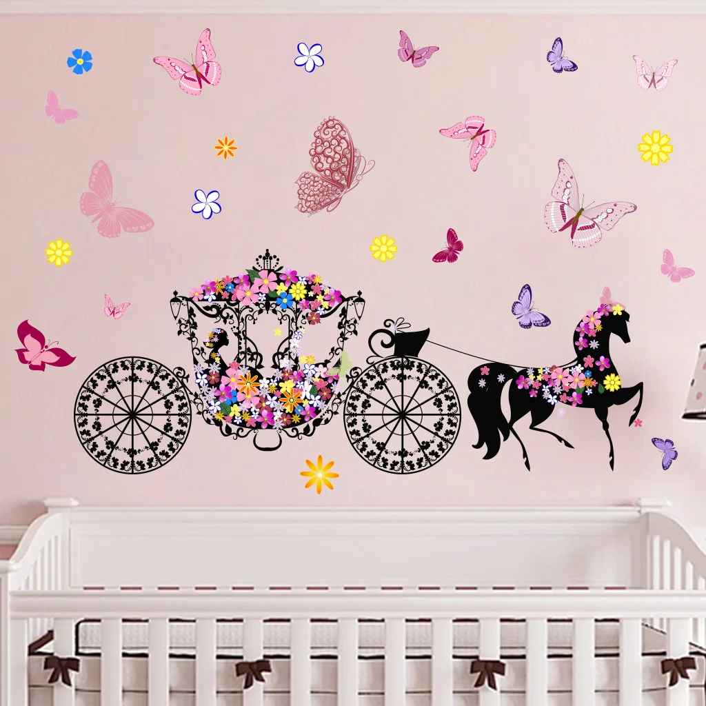 Flower Fairy Carriage Butterfly Wall Sticker Home Decoration Kids Room Self-adhesive Stickers Bedroom Living Room Decor Decals Flower Fairy Carriage Butterfly Wall Sticker Home Decoration Kids Room Self-adhesive Stickers Bedroom Living Room Decor Decals