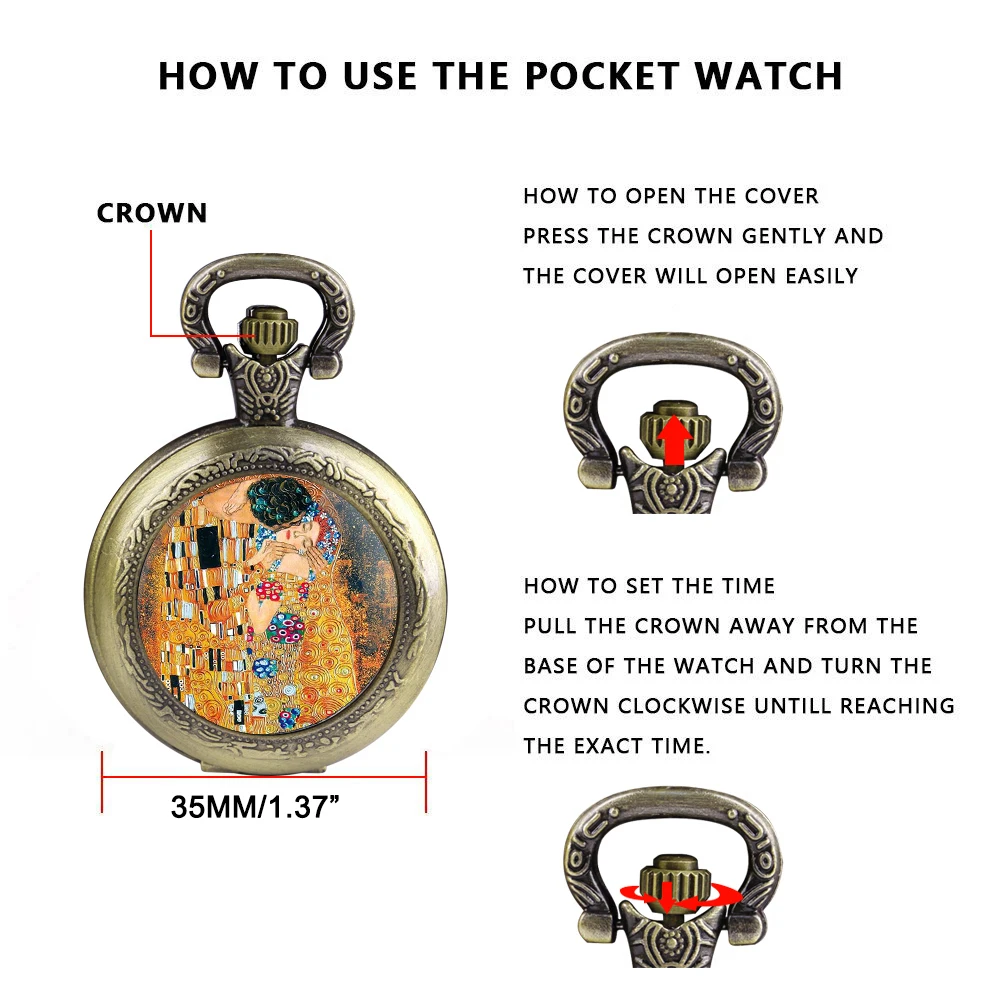 Retro Kiss Gustav Klimt Design Theme Pattern Bronze Pocket Watch Women Men Pendant Necklace Jewelry Watches Gift