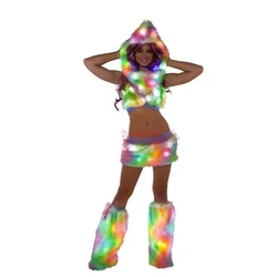 Women LED Costume Carnival Rave Outfit Luminous Hoodie Crop Top Skirt Set Leg Warmer Party Nightclub Gogo Dancer Clothes Light