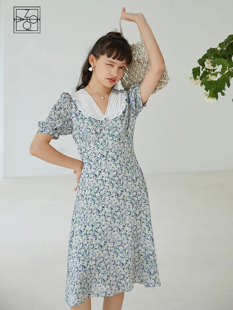 

ZIQIAO Casual Dress2021 Summer Floral Chiffon Dress French Retro Style Dress Contrasting Color V-neck Dresses For Women