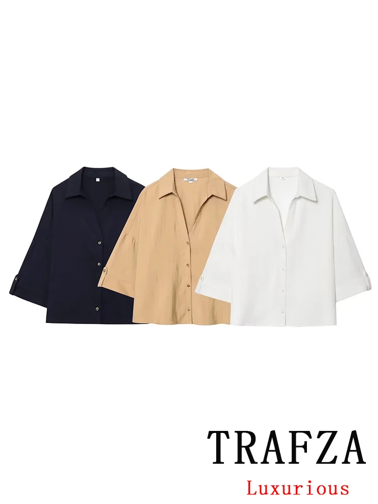 

TRAFZA Casual Chic Women Solid Blouse V-Neck Single Breasted Short Sleeve Loose Blouse New Fashion 2025 Summer Holiday Shirts