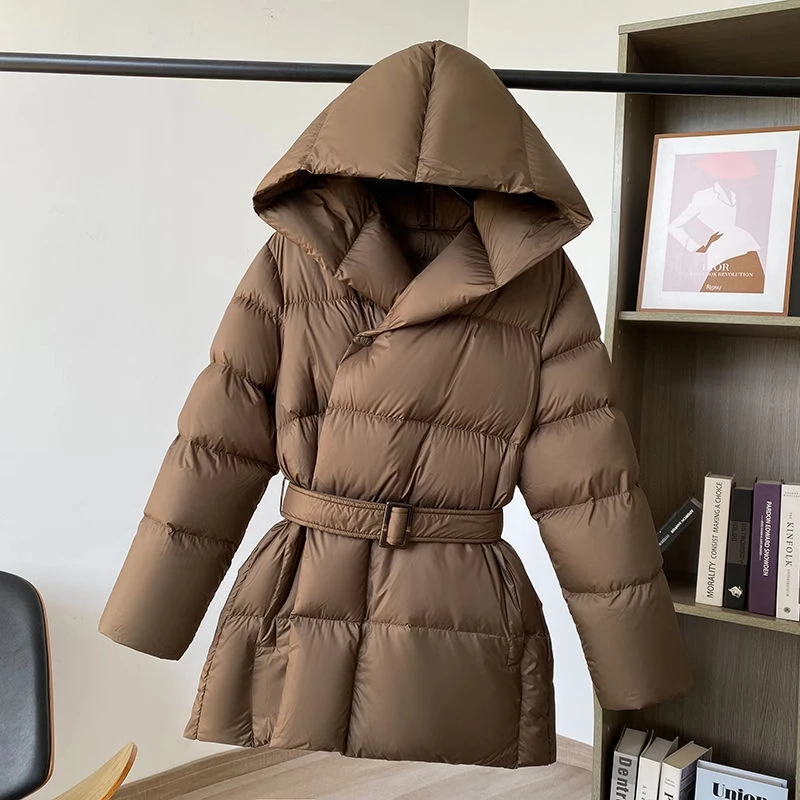 Korean Style Hooded Cotton-padded Women Winter New Single Breasted Belt Slim Cotton Jackets Simple Elegant Thick Warm Tops