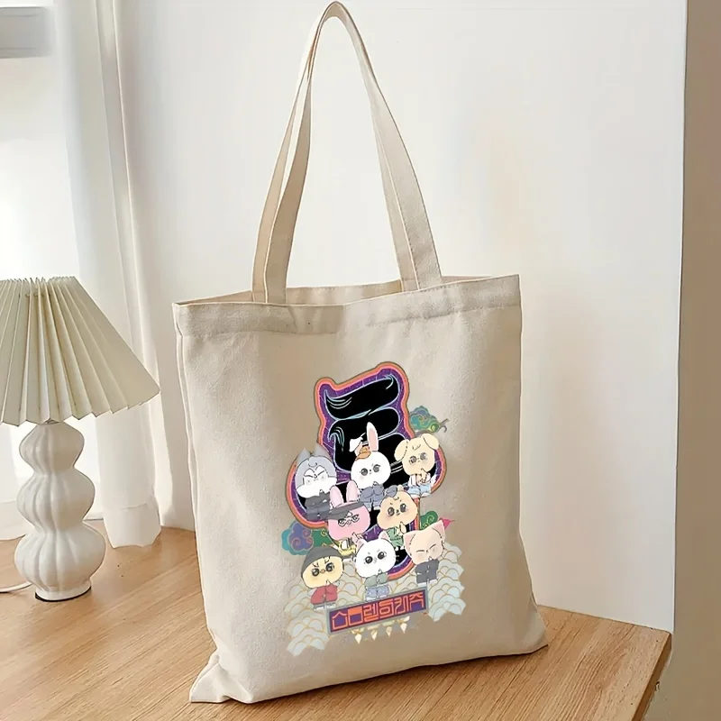 Cartoon Animal Pattern Tote Bag, Harajuku Canvas Handbags, Cute Kpop Anime Shoulder Bag