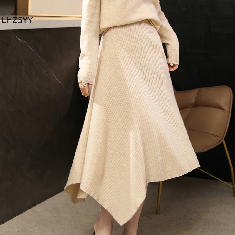 LHZSYY Autumn New 100%Merino Wool Skirt Ladies Loose Elastic Waist Long Skirt Solid Irregular Joker High-End Knit A-Skirts Thick