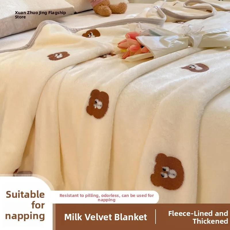 

Thickened Warmth Milk Velvet Snowflake Cartoon Printed Blanket Student Dormitory Home Use Flocking Bedding Cover Blanket