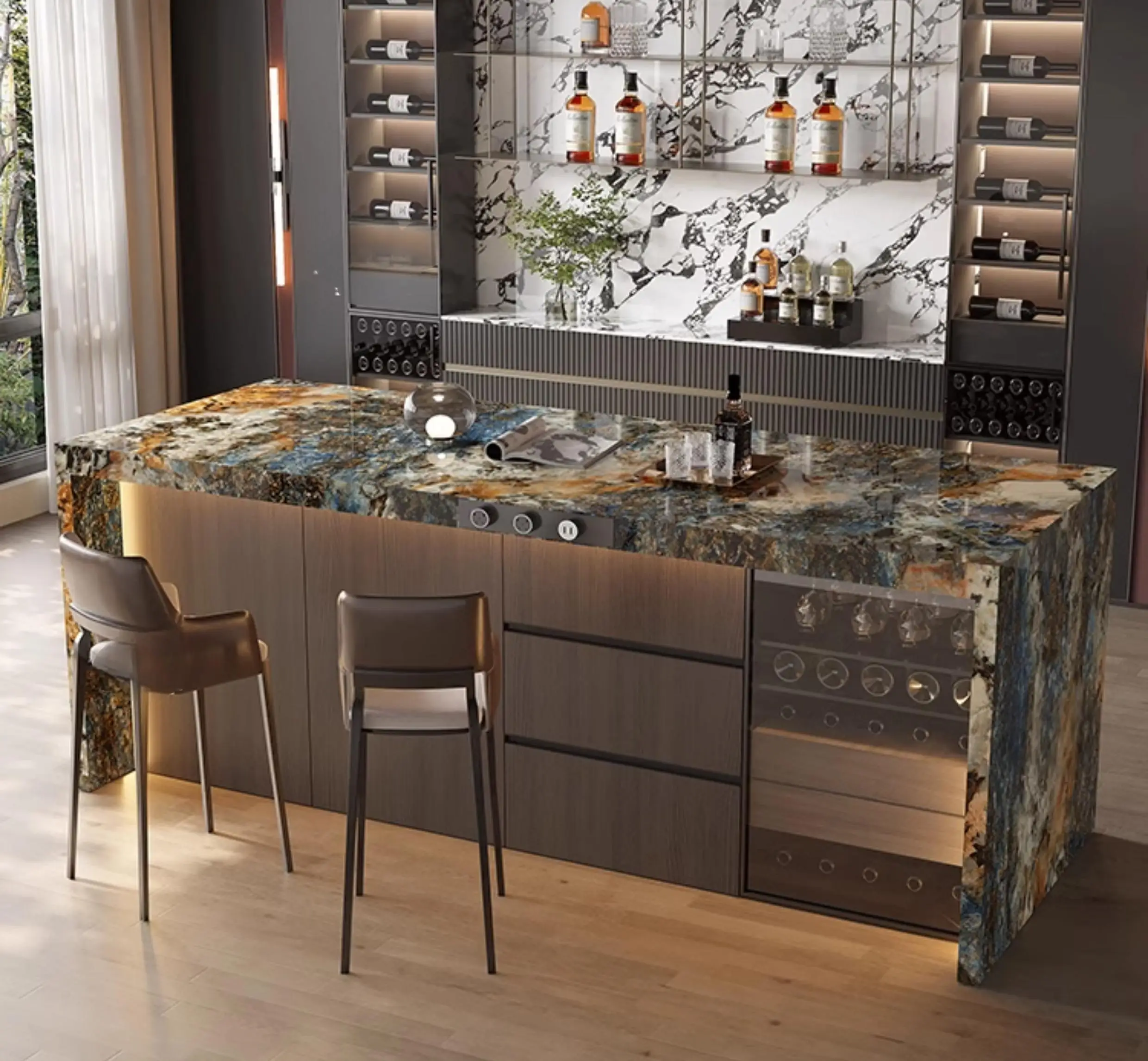 

Compact Marble Island Dining Table - Custom Kitchen Peninsula for Small Space, Open-Concept Kitchen Countertop with Stone Tablet