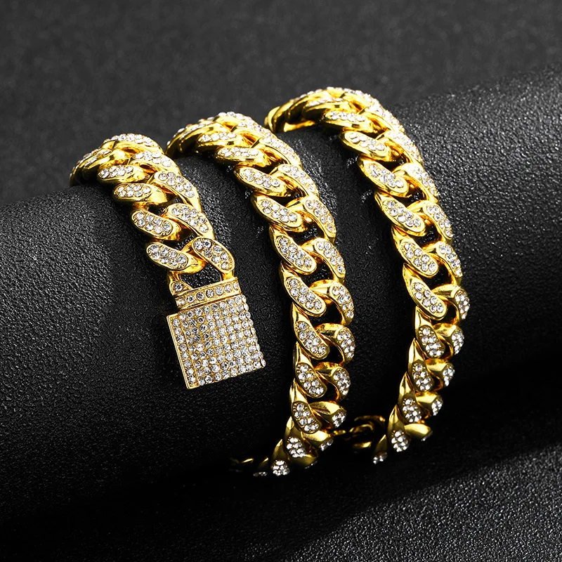 12MM Cuban Link Chain 2Row Iced Out Rapper Necklaces Bracelet For Men Women Choker HIP HOP Jewelry With Box Buckcle