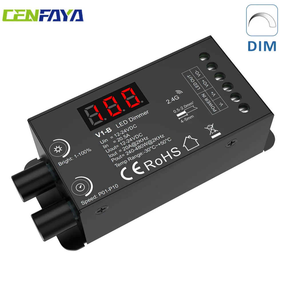 

CENFAYA Dual knob LED Dimmer with digital display 1CH 20A 480W Power DC12-24V Controller PWM 250Hz 500Hz 1KHz 2KHz 4KHz 16kHz