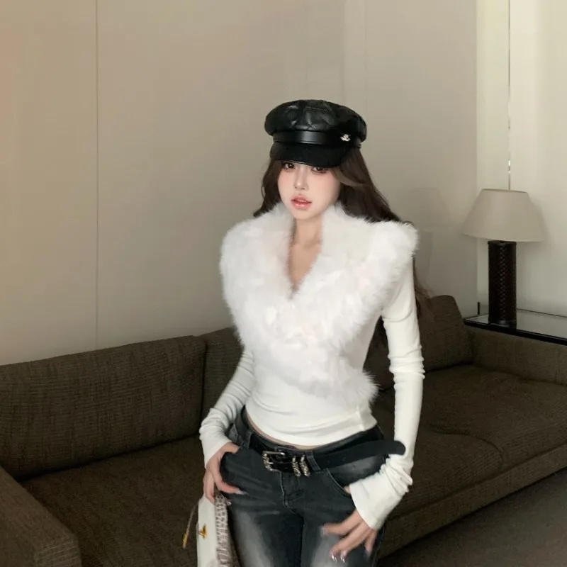 

Gothic Y2K Fur Collar Slim Fit Sexy Long Sleeve T-Shirt Women's Short Top Streetwear High-End Shirt Grunge Clothes Harajuku Tees