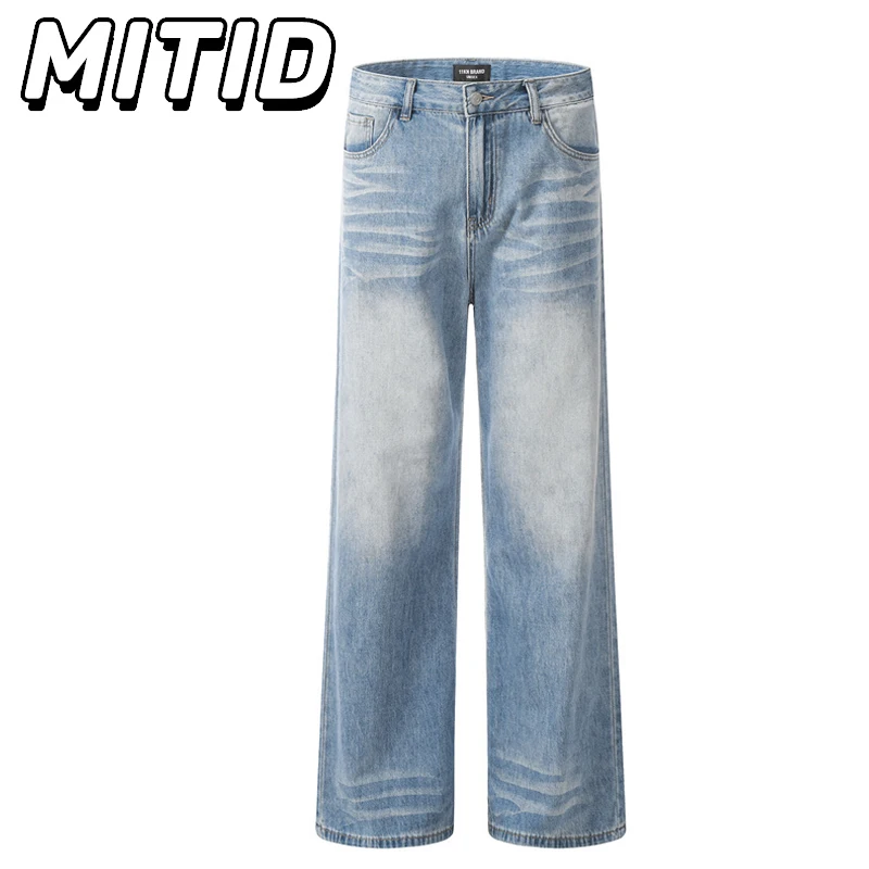 

High Street Denim Pants Men Retro Washed Gradient Blue Jeans Men and Women Casual Straight Wide Leg Pants Soft Jeans For Men