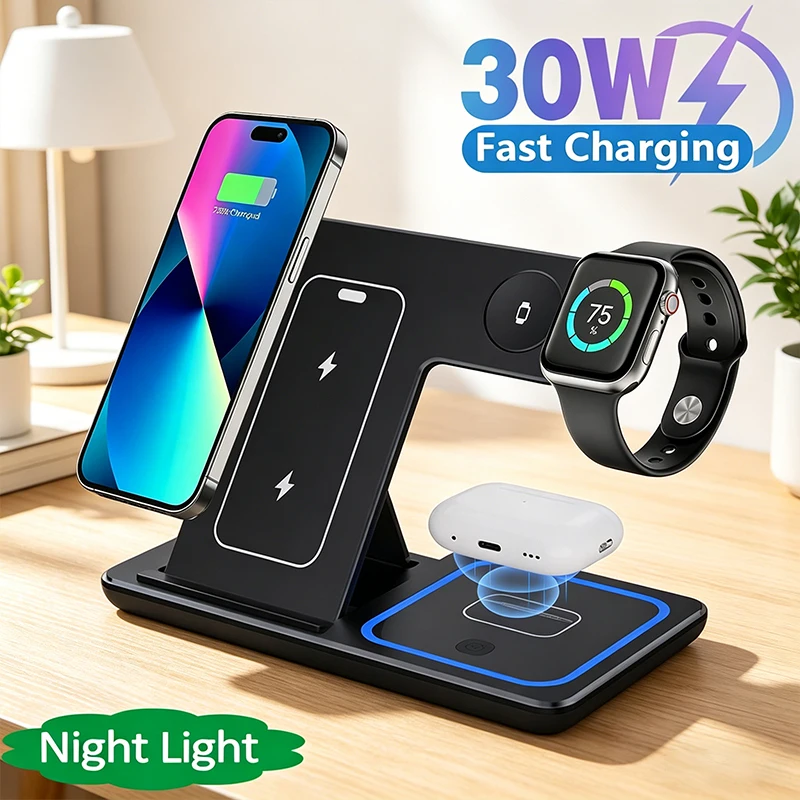 

Складная беспроводная зарядная станция 3-в-1 для iPhone 17, 16, 15, 14, 12 Pro Max, Apple Watch, AirPods: быстрая зарядка, док-станция, LED-подставка