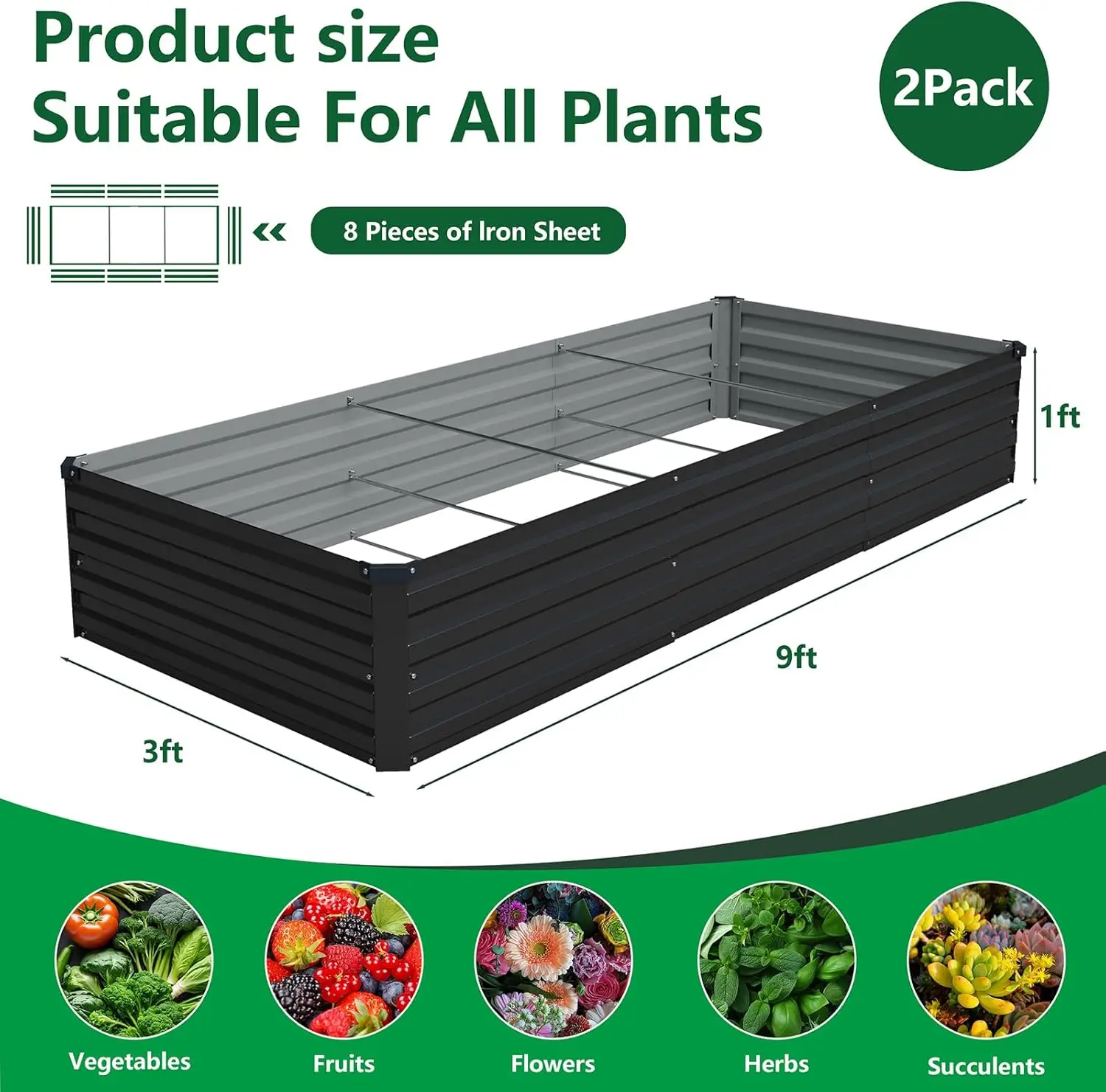 Outdoor Galvanized Metal Planter Box, Black, 2 Pack, Easy Assembly for Vegetables view 2