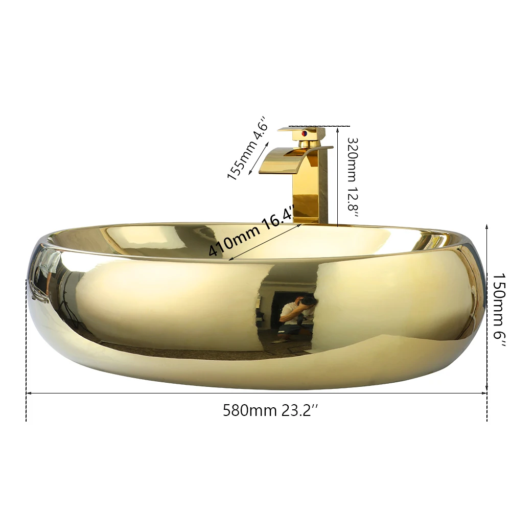 ZAPPO 23 Inch Bathroom Vessel Sink Gold Ceramic Sink Bowl Above Counter Oval Bathroom Sink with Waterfall Faucet Drain Combo