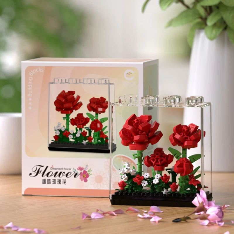 Qimeng Fun Microgranules Rose Eternal Flower Building Block Ornament Assembly Kit هدية للفتيات 7323-26