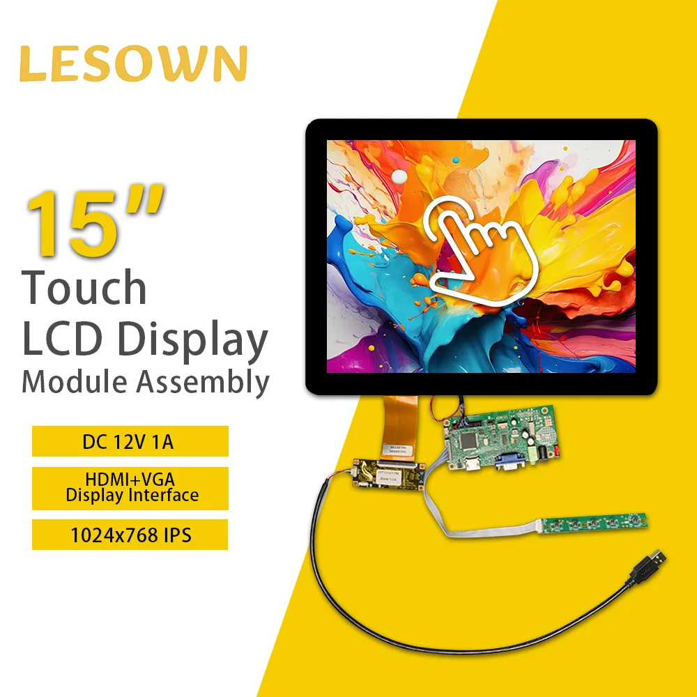 LESOWN HD 1024x768 IPS Wide Screen 15 inch 1500:1 Full Viewing HMDI VGA LCD Touch Display Module for Intelligent Central Control