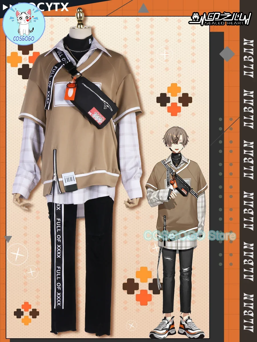 COSGOGO Vtuber Cosplay Alban Knox Cosplay Costume Sweater Shirt Pants Apron Bag Necklace Halloween New Suit Outfits Game