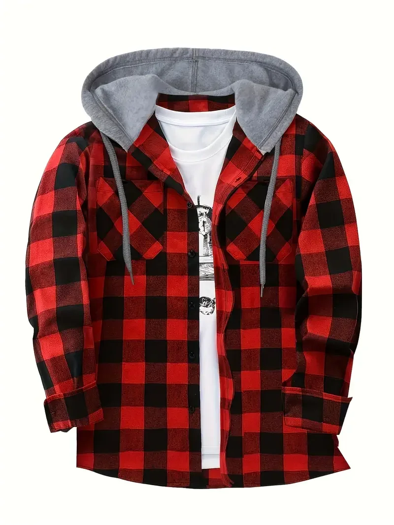 Buffalo Check Hooded Shirt — Black & White Plaid with Grey Hood — Button-Up Jacket Se22a1b7c53a24f678d7dcfc8a97df9e22