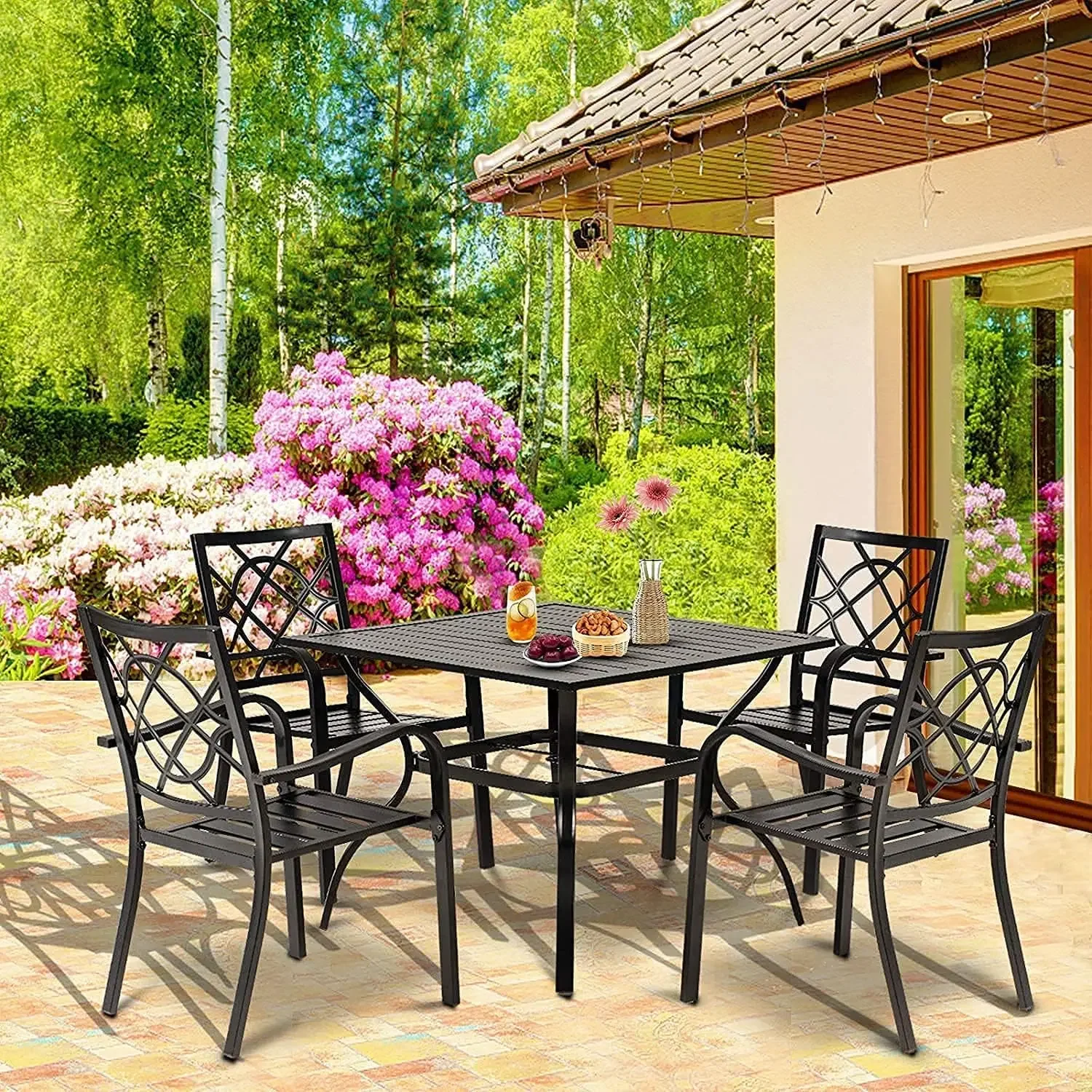 Outdoor Metal Furniture Dining Table Set Stackable Patio Dining Chairs and Square Dining Table with Umbrella Hole